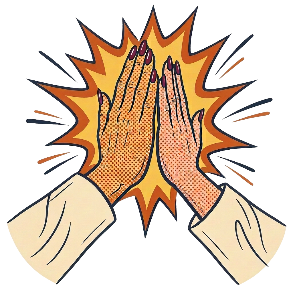 Comic-style illustration of two doulas' hands meeting in a high five
